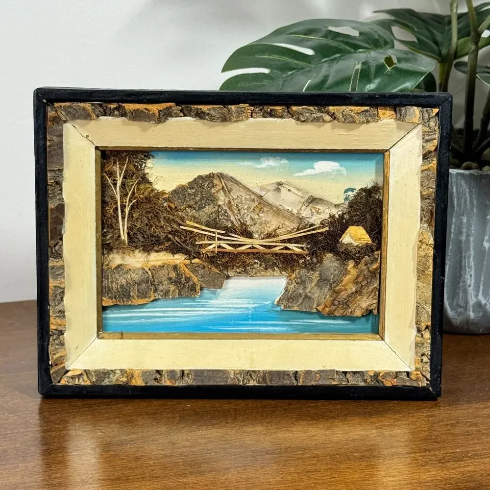 Vintage Japan Bark Art Shadow Box Mountain Lake Bridge Diorama Rustic Wall Decor